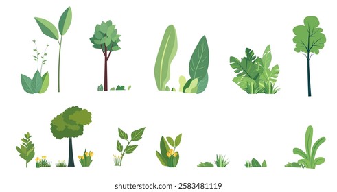 Set of vector illustrations in a flat style with green plants, trees, and grass isolated on a white background. Cartoon design

