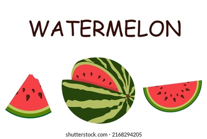 Set of vector illustrations of flat watermelon. Whole watermelon, cut, watermelon slices, watermelon leaves. flat  vector