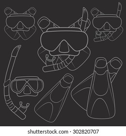 Set of vector illustrations with flippers, mask and snorkel. Isolated objects.