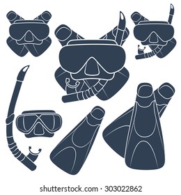 Set of vector illustrations with flippers, mask and snorkel. Isolated objects. 