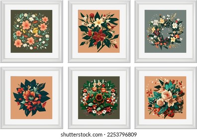 Set of vector illustrations of floral compositions in vintage style. Collection of flowers isolated in frames.