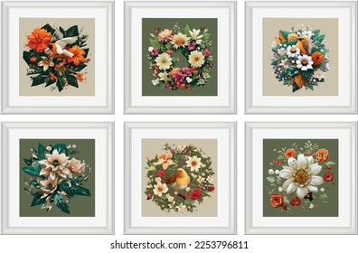 Set of vector illustrations of floral compositions in vintage style. Collection of flowers isolated in frames.