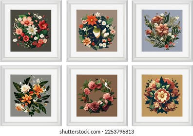 Conjunto de ilustraciones vectoriales de composiciones florales en estilo vintage. Colección de flores aisladas en marcos.