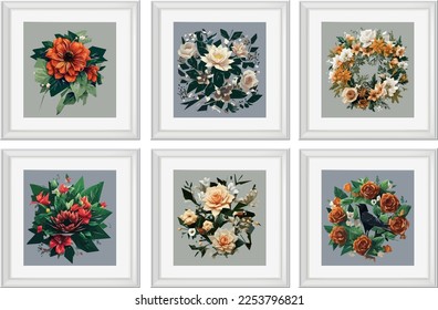 Set of vector illustrations of floral compositions in vintage style. Collection of flowers isolated in frames.