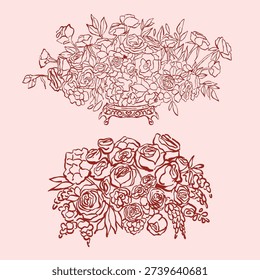 A set of vector illustrations of flower bouquets for banquet table decor. Wedding bouquets in linear style. Vintage wedding decor and accessories in red color. Vector outline clipart in sketch style.