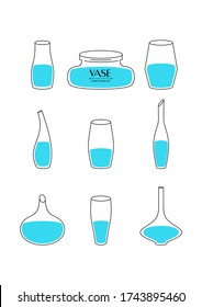 Conjunto de ilustraciones vectoriales con jarrones florales. Vasero de vidrio, objeto interior. Plantilla para tarjetas, tejidos, fondos de pantalla, papel impreso y web.