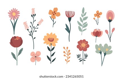 Set of vector illustrations of flowers in doodle style on a white background. for design and invitations.