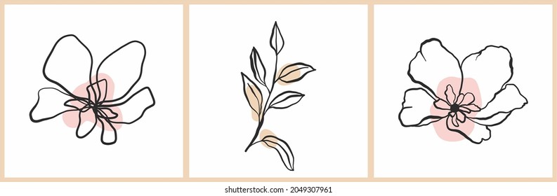 SET OF VECTOR ILLUSTRATIONS, FLOWERS DRAWING ONE LINE, SET OF NATURAL ELEMENTS, FLOWER LINE, SIMPLE DRAWING OF NATURE AND FLOWERS