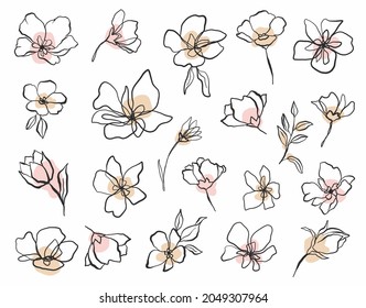 SET OF VECTOR ILLUSTRATIONS, FLOWERS DRAWING ONE LINE, SET OF NATURAL ELEMENTS, FLOWER LINE, SIMPLE DRAWING OF NATURE AND FLOWERS