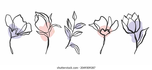 SET OF VECTOR ILLUSTRATIONS, FLOWERS DRAWING ONE LINE, SET OF NATURAL ELEMENTS, FLOWER LINE, SIMPLE DRAWING OF NATURE AND FLOWERS
