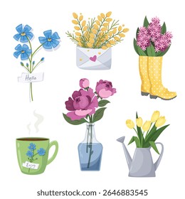 Set of vector illustrations with flowers on a white background. Flowers in a leaf,  in a garden watering can, in a vase, bottle. Flowers in rubber boots. Cup of coffee, tea.