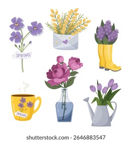 Conjunto de ilustrações vetoriais com flores em um fundo branco. Flores em uma folha, em um jardim aguando pode, em um vaso, garrafa. Flores em botas de borracha. Xícara de café, chá.