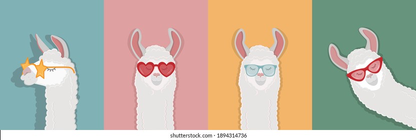 A set of vector illustrations of a fluffy alpaca in funny glasses. Template for postcards, banners, websites and printing houses with the image of a funny llama.