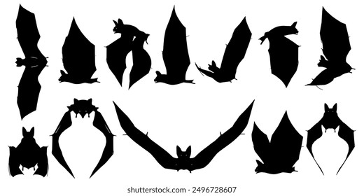 set of vector illustrations of flying bat silhouettes, from several angles