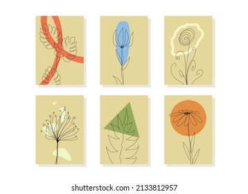 Set of vector illustrations. Foliage line drawing with abstract shape. Botanical boho foliage leaf design for home decor, social media posts, print, and story background