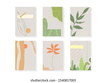Set of vector illustrations. Foliage line drawing with abstract shape. Botanical boho foliage leaf design for home decor, wall art, social media posts, print, and story background. Changed color schem