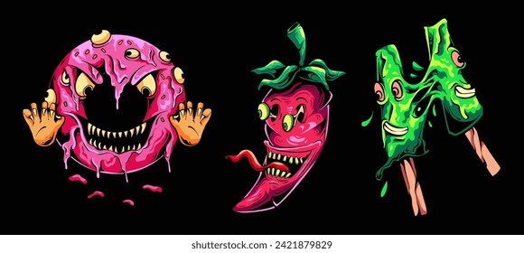 set of vector illustrations of food monsters, donut monsters, ice cream monsters, and chili monsters, perfect for printing on t-shirts, stickers, apparel, merchandise