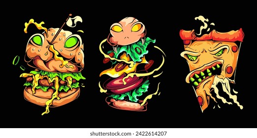 set of vector illustrations of food monsters, burger monsters, pizza monsters, colorfully suitable for halloween celebrations. perfect for printing on t-shirts, apparel, merchandise, hoodies, sticker