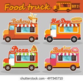 Set of vector illustrations food truck - sweet bakery, pizza, hot dog.