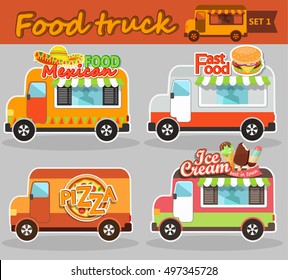 Set of vector illustrations food truck - ice cream, pizza, mexican and fast food.