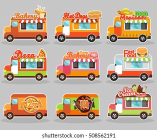 Set Of Vector Illustrations Food Truck - Ice Cream, BBQ, Sweet Bakery,  Hot Dog, Pizza, Mexican And Fast Food.