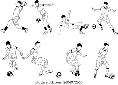 Set of vector illustrations of football players in various action poses, depicting dynamic movements such as dribbling, kicking, passing, and ball control. Minimalist black-and-white style, perfect fo