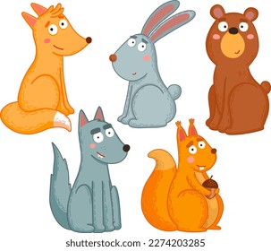 A set of vector illustrations with forest animals in cartoon style. Children's illustrations of fox, wolf, bear, hare, squirrel.