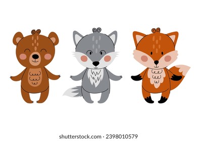 Conjunto de ilustraciones vectoriales de animales forestales. Oso de peluche, zorro y lobo de estilo plano con elementos de doodle. Animales bonitos para tu diseño.