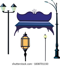 Set of vector illustrations of forged metal city lanterns,lamps with yellow light and a stone bench, elements of urban decor,design of park areas.Isolated, for design of city maps, signboards,catalogs