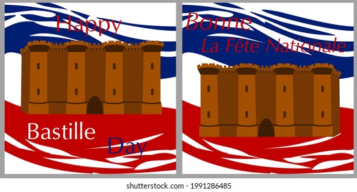 Set of vector illustrations with fortress for French national day, Bastille day, 14 July. Suitable for greeting card, poster and banner. On a white isolated background.Prise de la Bastille 