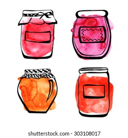 Set of vector illustrations of four cute doodle jam jars. Black outlines and bright colorful texture. 