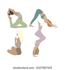 Conjunto de Ilustraciones vectoriales cuatro chicas en pose de yoga