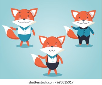 Set of vector illustrations of foxes in clothes. Cute Fox in flat style. The images of the mascots Fox.