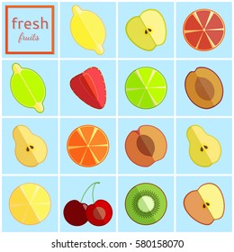 Set of vector illustrations "fresh fruit". The set consists of elements: lemon, lime, orange, peach, pear, Apple, plum, kiwi, cherry, grapefruit. To design product packaging.
