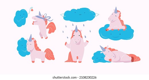 Set of vector illustrations. Friendship of a cute pony and a funny cloud. Friends play together, dream, relax and sometimes quarrel.