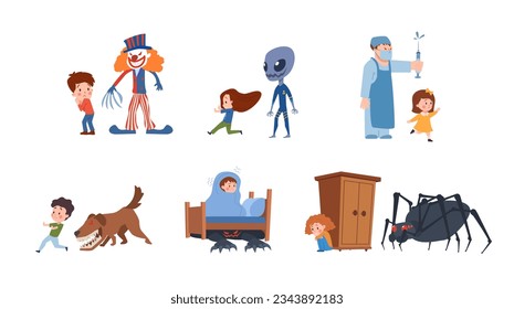 Set of vector illustrations of frightened children who are afraid clown with claw, huge black spider, monster and dog with red eyes, alien and evil doctor, fears concept isolated on white background