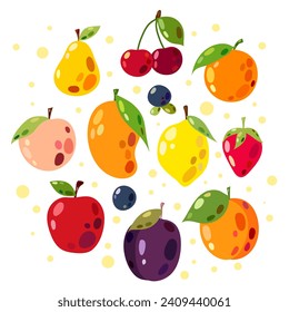 Set of vector illustrations of fruits in flat style on a white background. Fruits, food, vitamins.