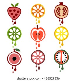 Set of vector illustrations of fruits. Half of strawberry, lime, pomegranate, apple, orange, cherry, watermelon, lemon and grapefruit in droplets of juice. Series of Fruits vector Illustrations.