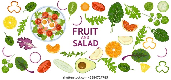 Conjunto de ilustraciones vectoriales de frutas y ensaladas comida saludable Cute coloridas ilustraciones de frutas y verduras frescas para el diseño de productos agrícolas. Tienda vegetariana. Señal de mercado.