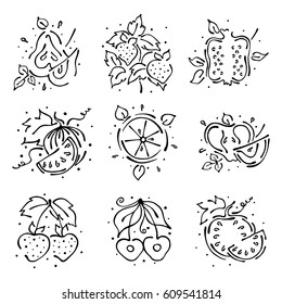 Set of vector illustrations of fruits. Watermelon, apple, pear, pomegranate, cherry, strawberry, berry and orange, watermelon on the white background. Hand drawn contour lines and strokes.