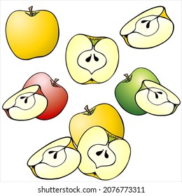 A set of vector illustrations with fruits, a whole apple, half and a piece of apple and pictures with them on a white background