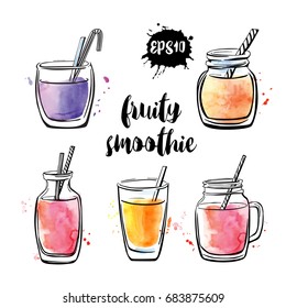 Set of vector illustrations Fruity smoothie. Collection of hand drawn cups, mugs and glasses with healthy summer cocktails. Black outline and bright watercolor stains  isolated on white background.