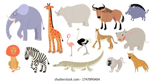 Set of vector illustrations of funny animals and birds of the African savannah. Isolated cartoon images in flat style.