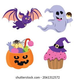 A set of vector illustrations of a funny bat and a ghost with a Halloween candy