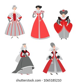 Set of vector illustrations of funny cartoon queens in historical costumes. Isolated fairy tale characters on a white background