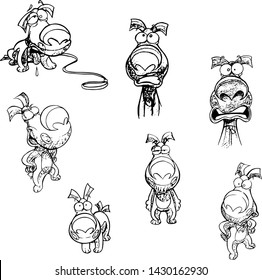 Set of vector illustrations with a funny cartoon puppy with different emotions and in various poses. The illustration of the dog is made in a black outline in the style of the sketch.