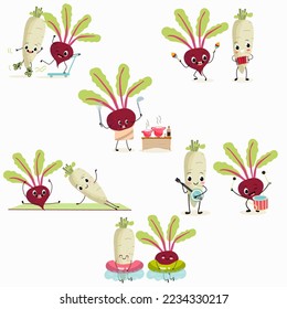 Set of vector illustrations of funny cartoon radish and beetroot character playing musical instruments, doing sports, relaxing, healthy food, kitchen, ingredients, kids t-shirt design.