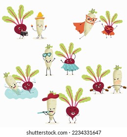 Set of vector illustrations of funny cartoon radish and beetroot character playing musical instruments, doing sports, relaxing, healthy food, kitchen, ingredients, kids t-shirt design.
