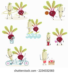Set of vector illustrations of funny cartoon radish and beetroot character playing musical instruments, doing sports, relaxing, healthy food, kitchen, ingredients, kids t-shirt design.