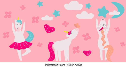 Set of vector illustrations of funny and cute unicorns. Funny kids characters. Set for design